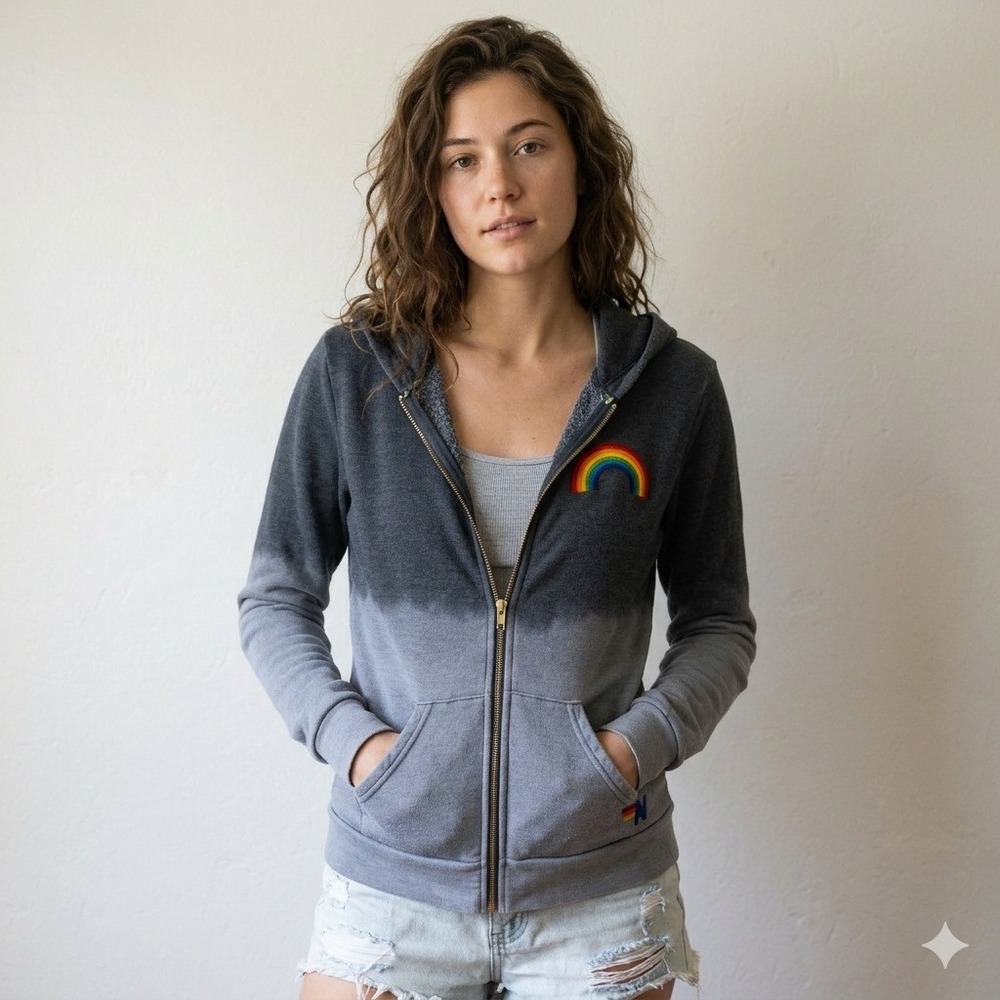 Aviator Nation Hoodie Womens XS Grey Ombre Rainbow Embroidered Zip Retro Surf